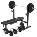 GORILLA SPORTS® Hantelbank - mit Ablage, 100 kg Set, 170 cm Langhantel, 35 cm Kurzhantel, 120 cm SZ Stange, Schwarz - Trainingsbank mit Gewichten