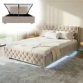 Juskys Polsterbett Nizza 140x200 cm Samt mit Stauraum, LED Beleuchtung & Lattenrost - Chesterfield Steppung & Kopfteil - Bett Bettgestell - Beige