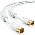 deleyCON 2m TV Antennenkabel (IEC-Stecker auf IEC-Kupplung) Koaxial Kabel HDTV 4-fach Schirmung 2x Ferritkern Mantelstromfilter DVB-T DVB-T2 Radio DAB - Weiß