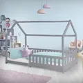 ML-Design Kinderbett 90x200 cm mit Rausfallschutz, Dach und Lattenrost, Hellgrau, Hausbett aus massivem Kiefernholz, Bodenbett, Holzbett - Hellgrau