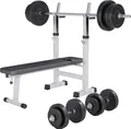 GORILLA SPORTS® Hantelbank - inkl. Hantelset 70g, Ablage, Dip-Station, Höhenverstellbar, Klappbar, bis 200kg, Weiß - Trainingsbank mit Langhantelset