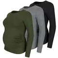 Umstandsshirt 3er Set unifarben Umstandsmode Schwangerschaft Schwangerschaftsshirt, Langarm (Schwarz, Dunkelgrau, Khaki, Medium)