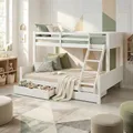 Homestyle4u Etagenbett 90x200, Hochbett mit Bettkasten, Etagenbett 140x200 mit 2 Matratzen und Lattenrosten, Stockbett Kinder Holz weiß, Doppelstockbett 90x200 und 140x200 mit Bettkasten und Matratzen
