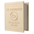 Spruchreif · Spardose in Bibel Buch-Optik aus Holz mit Gravur · Geschenk zur Konfirmation & Kommunion · Motiv Fisch · Sparbüchse mit Schloss (Zur Konfirmation)