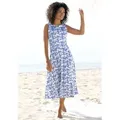 Midikleid BEACHTIME, Damen, Gr. 38, N-Gr, blau (blau, creme, bedruckt), Jersey, Obermaterial: 70% Viskose, 25% Polyester, 5% Elasthan, bedruckt, geblümt, modisch, figurumspielend ca. Mitte Wade, Rundhals, ohne Ärmel, Kleider, mit Blumendruck, aus Jersey, A-Linien-Kleid, Topseller