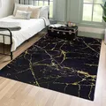 Mazovia Modern Teppich - Kurzflor Waschbar - Weich Teppich für Wohnzimmer, Schlafzimmer, Esszimmer – Teppiche Marmor Abstrakt Muster - Schwarz Gold 80 x 200 cm