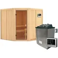 Karibu Woodfeeling Sauna Kotka - 68 mm Aktionssauna Bronzierte Ganzglastür Ohne Dachkranz 9 kW Ofen inkl. Steuergerät