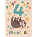 JUNAPACK Einladungskarten Faultier Einladungen zum 4. Geburtstag Karten für Kinder Tiere, Einladungskarten zum 4. Geburtstag mit Faultier Motiv