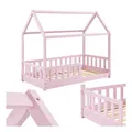 Juskys Kinderbett Marli 80 x 160 cm Rausfallschutz, Lattenrost & Dach Rosa Hausbett Holz
