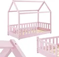 Juskys Kinderbett Marli 80 x 160 cm - Rausfallschutz, Lattenrost & Dach - Holz Rosa