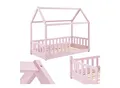 Juskys Kinderbett Marli 80 x 160 cm Rausfallschutz, Lattenrost & Dach Rosa Hausbett Holz