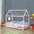Juskys® Kinderbett Marli 80 x 160 cm mit Rausfallschutz, Lattenrost und Dach - Hausbett für Kinder aus Massivholz - Bett in Rosé