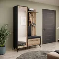 Lomadox Garderobe Kombination Set Flurmöbel Flurgarderobe mit Sitzbank Flurschrank Spiegel Garderobenpaneel schwarz mit Eiche
