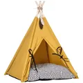 PawHut Tipi Zelt für Haustiere, Katzenzelt mit abnehmbar und waschbar Kissen, Katzenhaus mit rutschfestem Boden, Spielball, für Katzen unter 5kg, Mini Hunde, 60 x 60 x 76 cm, Gelb