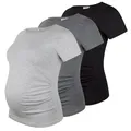 M.M.C. Umstandsshirt 3er Set unifarben Umstandsmode Schwangerschaft Schwangerschaftsshirt, Kurzarm (Schwarz, Dunkelgrau, Hellgrau, L)