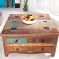 Massiver Couchtisch JAKARTA 70cm bunt Truhe recycelte Fischerboote Holz Stauraum