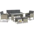 Polyrattan Gartenmöbel Sitzgruppe Turin Set 6 Teilig - 7 Personen - Outdoor Möbel Mit Sessel, Hocker, Tisch & Kissen - Garten Loungemöbel Grau-meliert - Juskys
