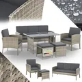 Juskys Gartenmöbel Set Polyrattan 6-teilig – Lounge Möbel Turin für 7 Personen mit Sesseln, Hockern, Tisch & Kissen, wetterfeste Balkonmöbel Sitzgruppe – Grau meliert