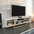 Decorotika Asal 150 cm TV Möbel mir Fächer und Metallbeine für TVs bis zu 65" | Weißer Marmoreffekt & Weiß