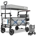 Sekey Bollerwagen Faltbar mit Dach 2 Kinder 100KG, Faltbarer Bollerwagen Handwagen Schiebegriff, Kinderwagen Stoßfest PU-Räder mit Bremsen 110L, SS5050, Grau