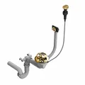 QLS Automatischer Einbecken-Siphon für Küchenspüle | Platzsparender Abfluss 3 1/2 Zoll | Mit Ablaufgestänge & Anschluss für Geschirrspüler & Waschmaschine | Edelstahl & PVC (Gold)