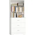HOMCOM Bücherschrank 180 cm Hochschrank mit 3 Schubladen, 3 offenen Regalen Weiß - Weiß