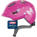 ABUS Kinderhelm Smiley 3.0 - Fahrradhelm mit tiefer Passform, kindergerechten Designs & Platz für einen Zopf - für Mädchen und Jungs - Pink mit Schmetterlings-Muster, Größe S