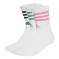 adidas Unisex 3-Stripes Cushioned Crew Socks 3 Pairs, White/Pure Teal/Lucid Pink/Black, 10.5-12.5