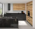 Feldmann-Wohnen Winkelküche Treviso, (Schubladen mit Vollauszug und Selbsteinzug (REJS Comfort Box), Küchenzeile + Küchenblock lava / Halifax Eiche schwarz / graphit matt