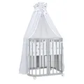 Waldin Babybett aus Holz 7in1 mit Matratze, Mitwachsendes Kinder-Bett, Belüftet, Boden 5-Fach Verstellbar, All-Inclusive-Set, Holz Grau, Stoffe Sterne Blau