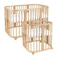 Waldin Babybett aus Holz 7in1 mit Matratze, Mitwachsendes Kinder-Bett, Belüftet, Boden 5-Fach Verstellbar, All-Inclusive-Set, Holz Natur