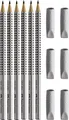 Faber-Castell Bleistift Grip 2001 in 6er-Packung, Härte: HB, Farbe der Hülle: silberfarben, silber HB + 6 Radierkappen