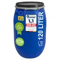 plasteo 120 Liter Weithalsfass als Regentonne/Futtertonne - Fass mit Deckel & Spannring, Lebensmittelecht, HDPE Kunststoff, Blau, 80,5 x 51 cm