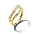 PANDORA Essence Behandelte Süßwasserzuchtperle & Organisch geformter Doppelband-Ring aus Sterling Silber mit vergoldeter Metalllegierung und Zirkonia, Größe: 52, 163258C01-52