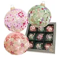 Krebs Glas Lauscha - Weihnachtsdekoration/Christbaumschmuck aus Glas - Weihnachtskugeln - Farbe: Lila, Rosa, Grün - Motiv: Blumen - Inhalt: 9 Stück - Größe: 8 cm