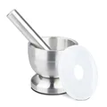 Relaxdays Mörser mit Stößel, aus Edelstahl, mit Deckel, Gewürze, Kräuter, Rutschfester Handmörser, Ø 10 cm, 200 ml, grau