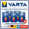5x VARTA Longlife Max Power 9V E-Block Batterien 6F22 6LR61 (5 Stück)