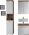Badmöbel-Set "Avena", (Set, 3 St.), Badmöbel - Hochschrank, Waschbeckenunterschrank und Spiegelschrank, Asteiche/ Weiß Hochglanz