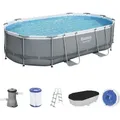 Power SteelTM Frame Pool Komplett-Set, oval, mit Filterpumpe, Sicherheitsleiter & Abdeckplane   488 x 305 x 107 cm, Schwimmbecken, Schwimmen, Pools - Blau/Grau