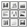 PHOTOLINI Bilderrahmen 30x30 Schwarz Holz MDF, 9er Set Bilderrahmen quadratisch 30x30, Foto Rahmen mit Passepartout zum Aufhängen, Rahmen 30 x 30 mit Acrylglas & Zubehör - für Fotos & Poster