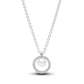 PANDORA Timeless Behandelte Süßwasserzuchtperle & Pavé Collier-Halskette aus Sterling Silber mit Zirkonia Steinen, Größe 45cm, 393165C01-45