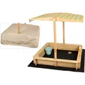 needs&wants Sandkasten mit Dach Sitzbank und Boden Vlies-Folie, mit Abdeckung Oxford 600D, Sandkiste Holz rechteckig mit Bänken Outdoor Garten Kinder UV-Sonnenschutz, 113x113x113 cm, gelb weiß braun