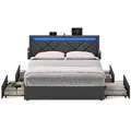 VASAGLE Doppelbettgestell, Bettgestell, 180 x 200 cm, LED, Metallbett, 4 Schubladen, Ladestation, verstellbares gepolstertes Kopfteil, Schiefergrau - Dunkelgrau