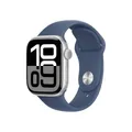 Apple Watch Series 10 (GPS 42 mm) Smartwatch mit Aluminiumgehäuse in Silber und Sportarmband in Denim (S/M). Fitnesstracker, EKG App, Always-On Retina Display, Wasserschutz