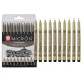 SAKURA Pigma Micron Fineliner-Set (10 Stück) | wasserfeste, permanente schwarze Tinte, verschiedene Größen Stifte zum Schreiben, Zeichnen und Tagebuch führen
