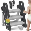 KIDIZ® Tritthocker für Kinder Trittleiter Klappbar mit 3 Stufen | Faltbarer Lern-Turm ab 18 Monaten bis 6 Jahren | Robust | Sicherer & Stabiler Trittschemel | Höhenverstellbar Rutschfest Grau