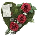 Radami Grabgesteck Grabschmuck Grabaufleger Moosherz Grabherz Trauerherz Grab Herz Gesteck Rosen mit Schriftrolle Für Immer im Herzen (Rosen Rot)