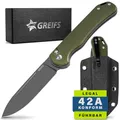 GREIFS® Klappmesser Paxos (Zweihandmesser) aus D2 Stahl mit Buttonlock und Kydexscheide, EDC Messer Outdoor Messer & Survival Taschenmesser, Überlebensmesser, Jagdmesser (TitanGreen)