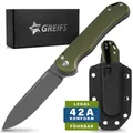 GREIFS Taschenmesser Paxos (Zweihandmesser) aus D2 Stahl mit Buttonlock und Kydexscheide, Olive