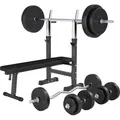 GORILLA SPORTS® Hantelbank - mit Ablage und Dip-Station, inkl. Hantelset 100kg, Verstellbar, Klappbar, Schwarz - Drückerbank, Fitness Flachbank, ... - Schwarz